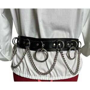 VTG USA Small Genuine Leather Black Studded Chain Metal Funk Thrash O Ring Belt